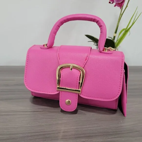 Trendy Pink Retro Style Buckle Small Handbag Purse w/Detachable Mini coin purse - Picture 3 of 9